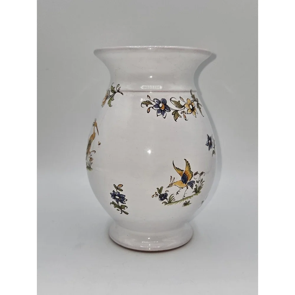 French Faience Style Hand Painted Vase Bird Floral Motif White Glazed‎ Pottery